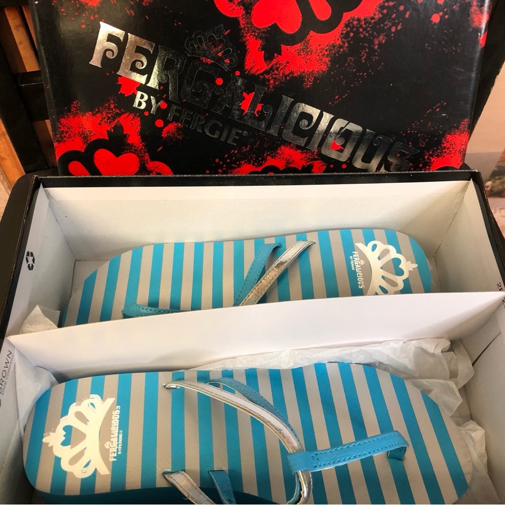 Fergalicious by Fergie Shoes Baby Blue and Silver Striped Pattern Sandals